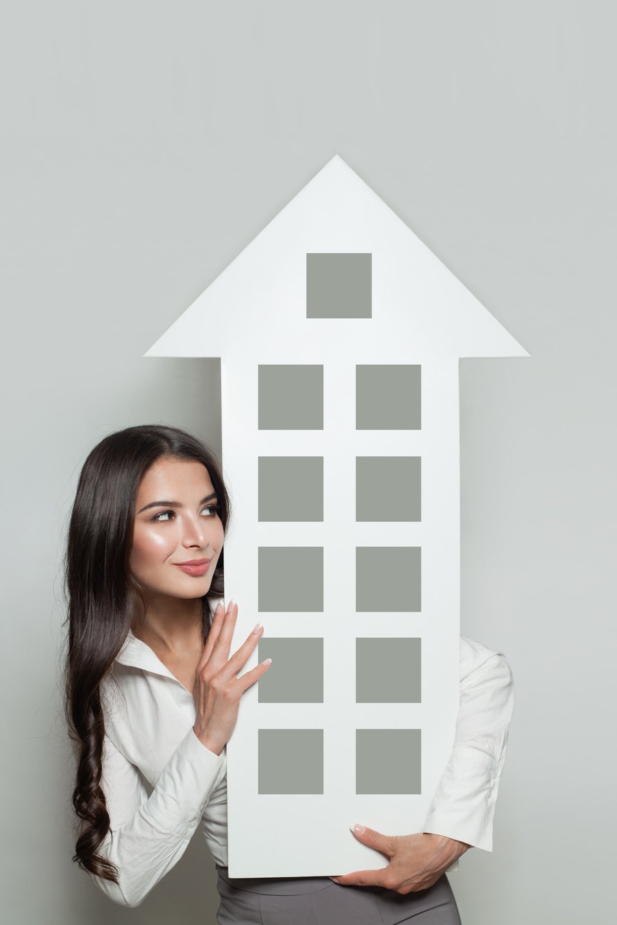 Real estate insurance, protection and property for sale concept. Smiling business woman showing house banner background